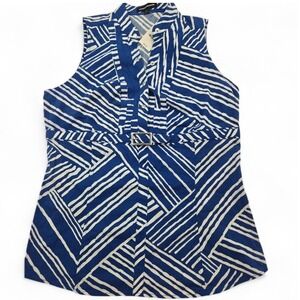 Express Design Studio Blue White Geometric Stripe Belted Sleeveless Blouse L Y2K